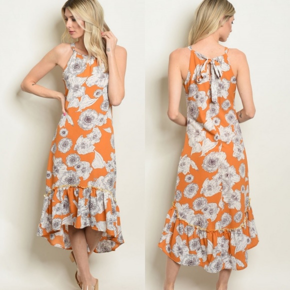 LAST Size 4/6 mustard floral ruffle hem midi dress - Picture 1 of 3